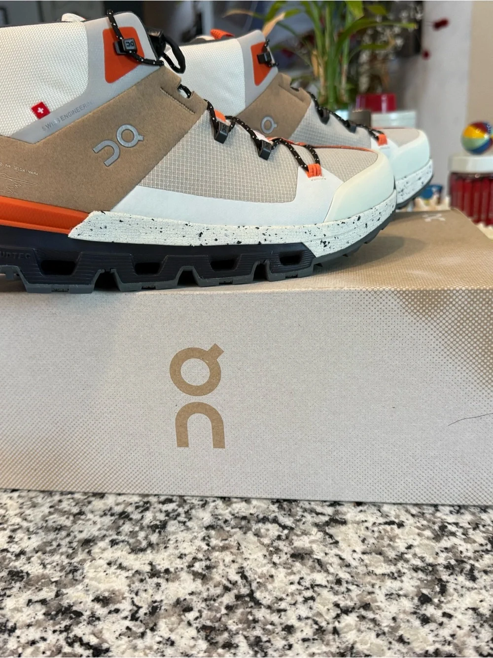 OnClouds Mens  Trail Shoes in Beige with Orange Accent